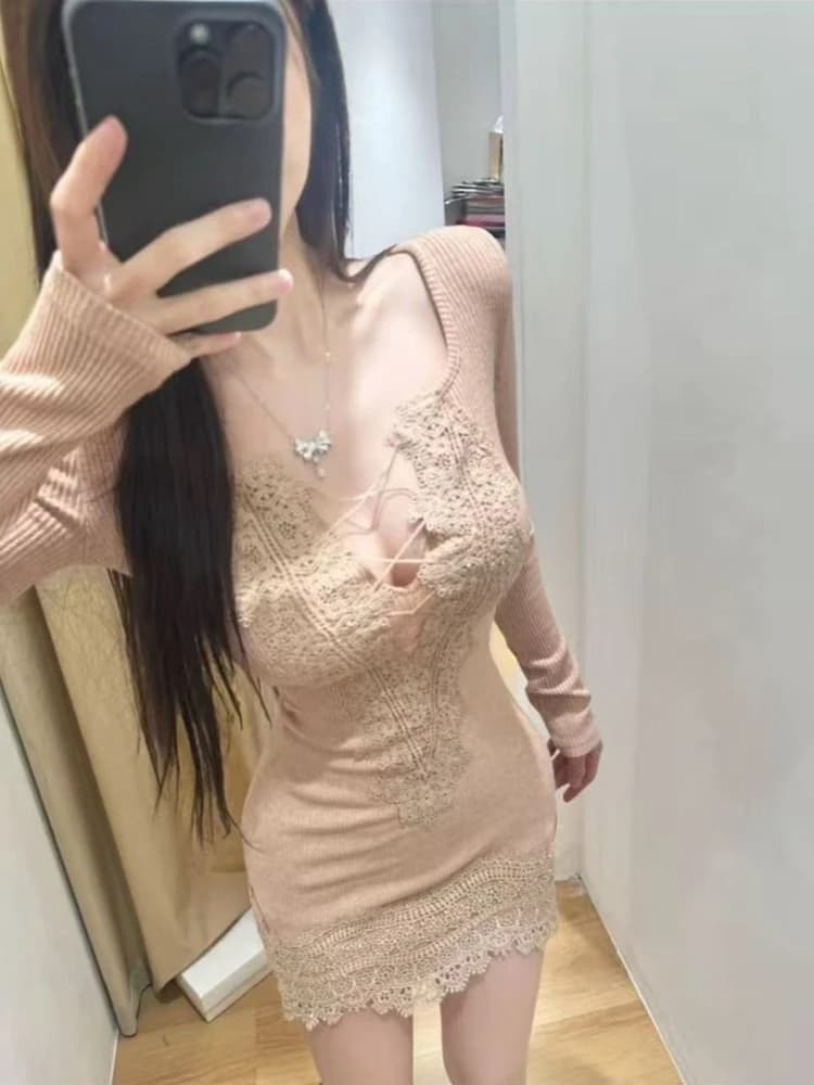 Knitted Y2k Aesthetic Sexy A Deep V-Neck Dresses Lace Patchwork Women Bodycon Grunge Dress Harajuku Autumn Bandage Mini Vestidos