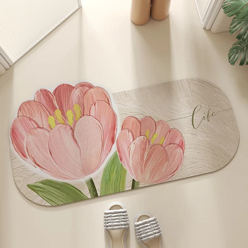 Tappeti di terra diatomea tulipano rosa Tappeto da bagno floreale bianco Tappetino da bagno ad asciugatura rapida Tappeti lavabili super assorbenti Tappeto antiscivolo