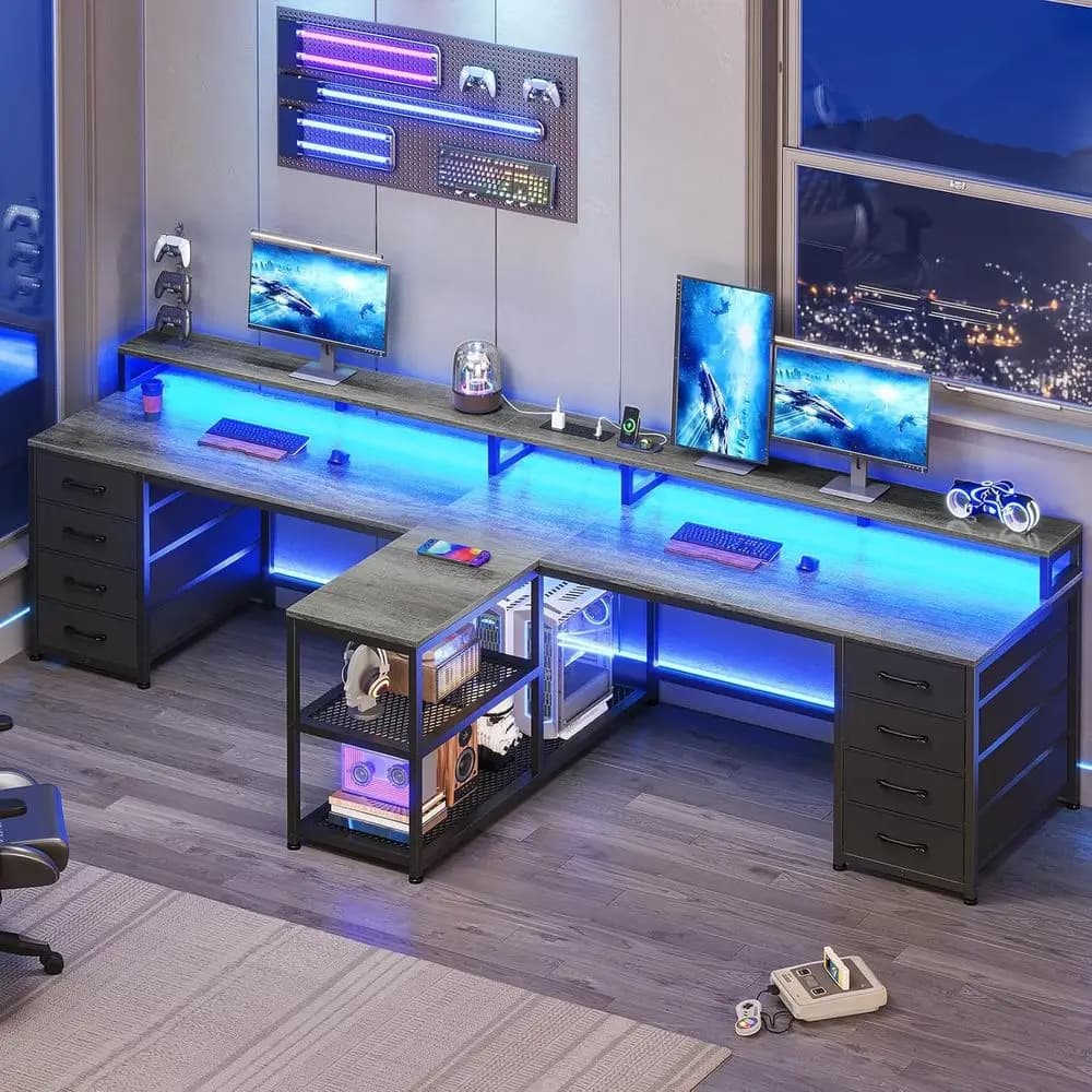 Double-Person Gaming Desk with 8 Drawers, LED Lights, Storage, Power Strip, and Monitor Stand - Grey