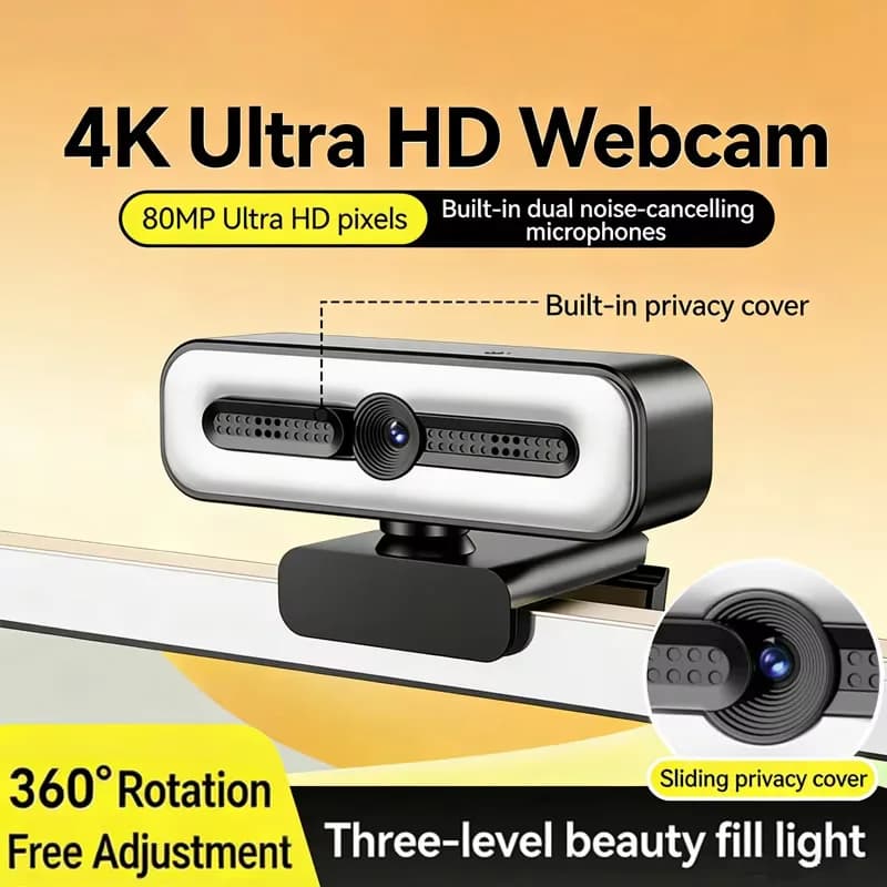Portable 4K HD mini camera, 1080P webcam with integrated light and microphone with noise cancellation, webcam for video calls and live conferences
