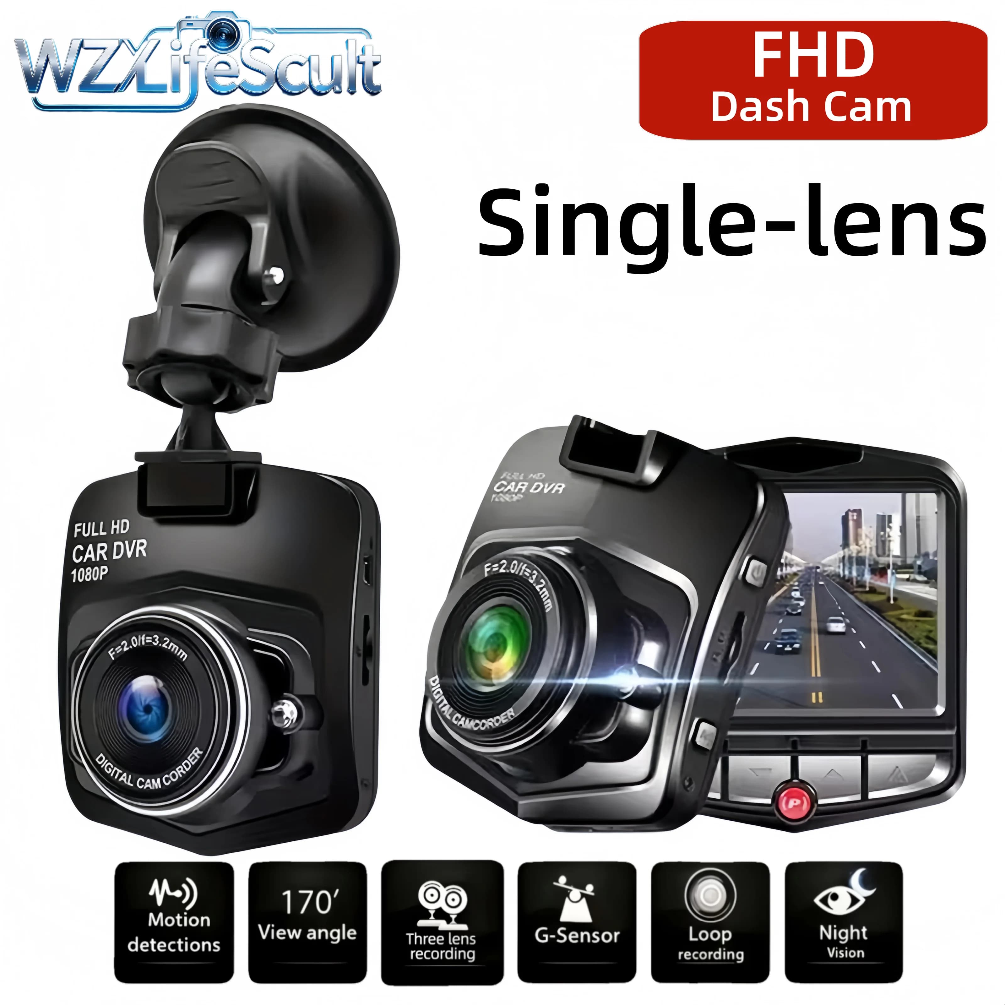 1080p universal in-car dashcam with a 2.2-inch LCD screen – continuous recording, 24/7 parking surveillance and motion detection, no batteries required