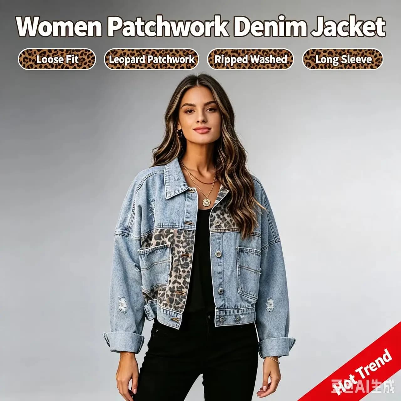2026 Streetwear Women Leopard Print Patchwork Cropped Denim Jacket Lapel Long Sleeve Loose Fit Vintage Short Jean Coat