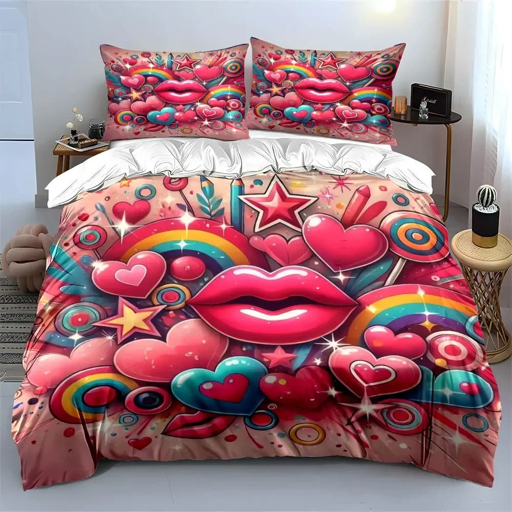 Set di biancheria da letto colorato con cuori e arcobaleno, con 1 copripiumino e 2 federe, singolo, matrimoniale, king, queen, regalo