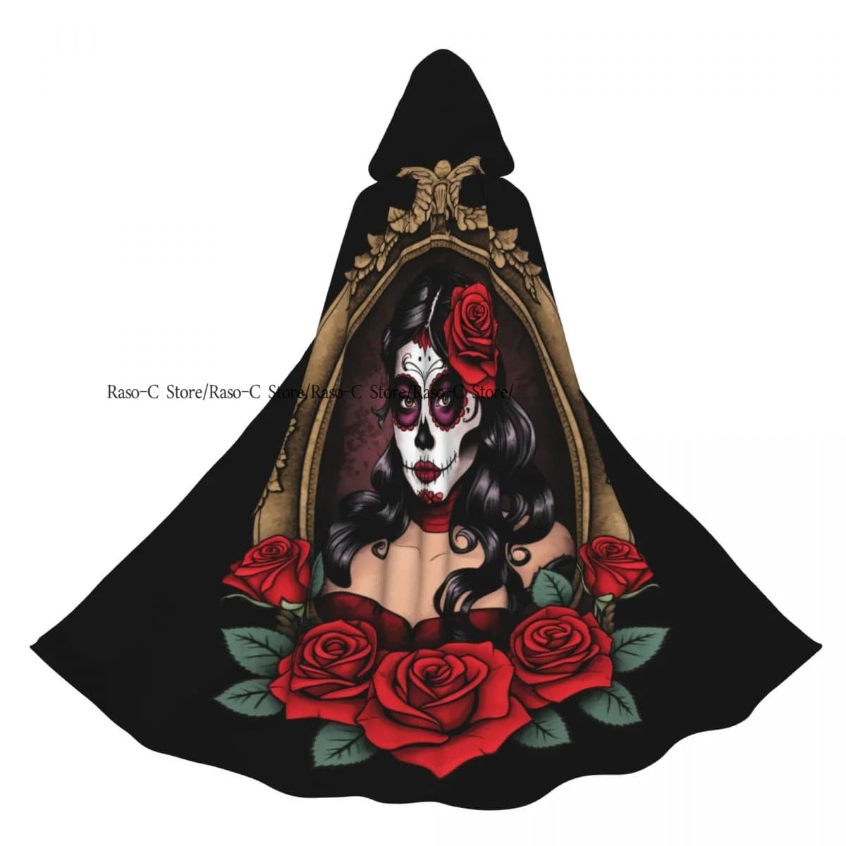 Unisex Witch Party Reversible Hooded Adult Vampires Cape Cloak Skull Surrounded By Flowers