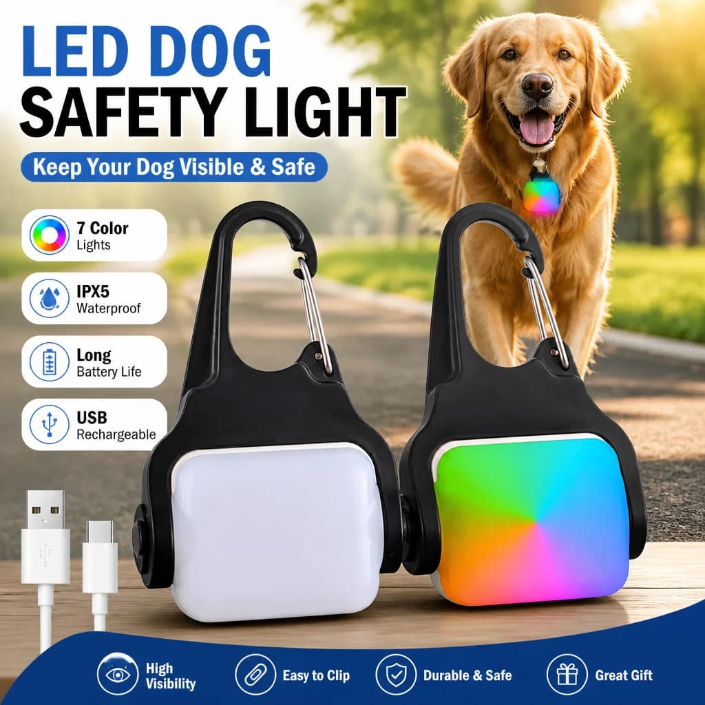 LED Dog Safety Light USB Rechargeable 7 Colors IPX5 Waterproof Clip-On Pet Collar Light for Night Walking Safety
