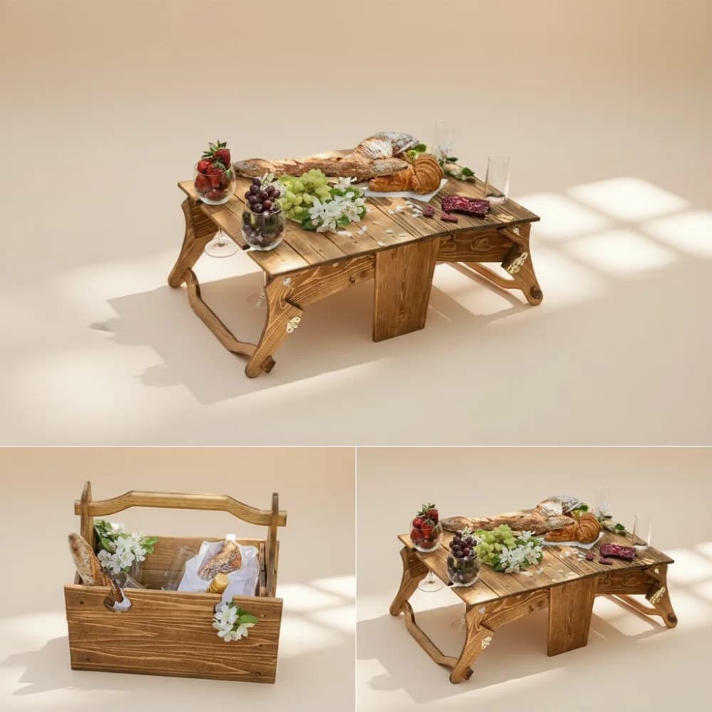 Tavolo da picnic portatile pieghevole in legno con portabicchiere da vino - Vassoio per snack da esterno 2 in 1 per campeggio e spiaggia