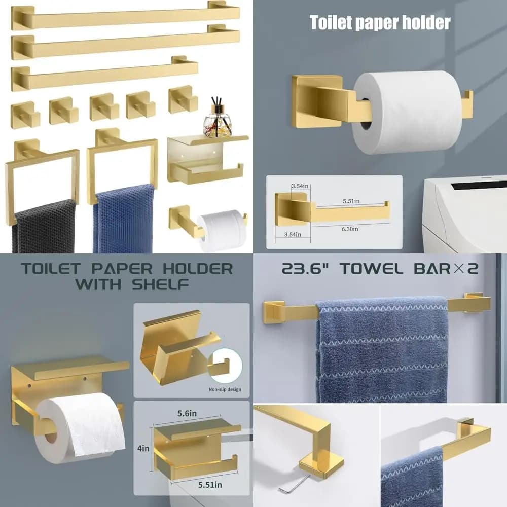 Set di accessori per il bagno in oro spazzolato - Collezione di accessori quadrati da 12 pezzi con portasciugamani e porta carta igienica
