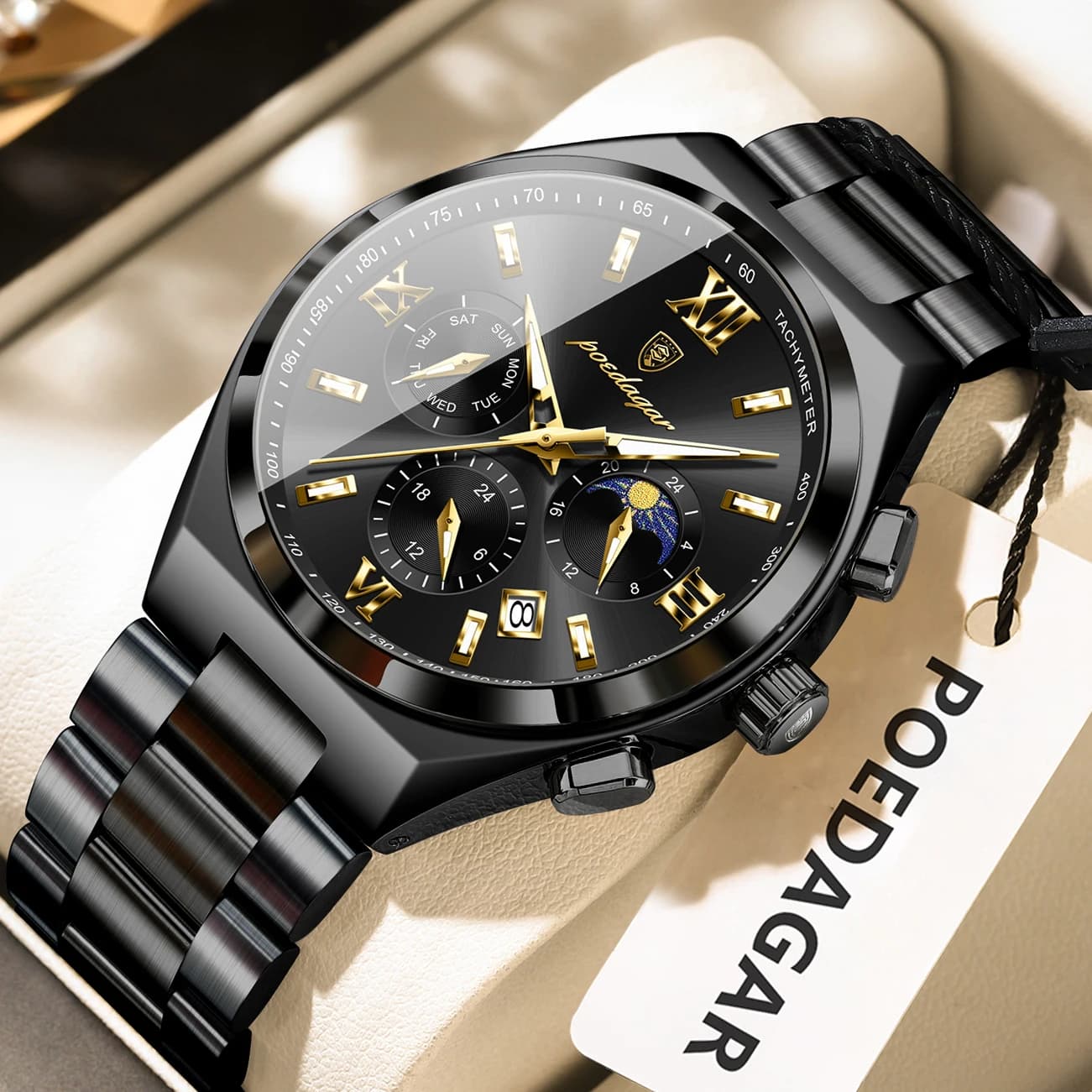 POEDAGAR Fashionable Luxury Men's Wrist Watch Waterproof Working Watch With Weekly Bright Date For Men Stainless Steel Quartz Watches