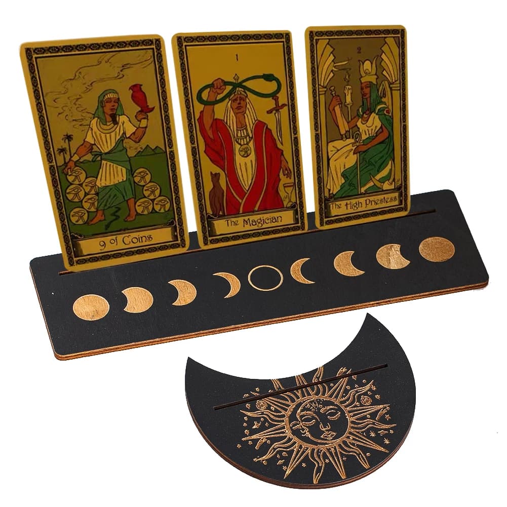 Handmade Wooden Tarot Card Holder Set Moon Phase Sun Engraved Bases Spiritual Altar Decor Divination Ritual Prop Tarot Display