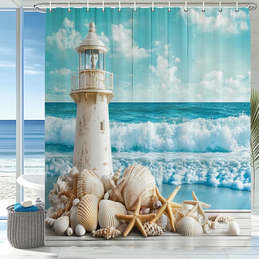 Tenda da doccia con vista sul faro della spiaggia Blue Ocean Beach, tende da doccia decorative per il bagno, tenda per la casa con ganci