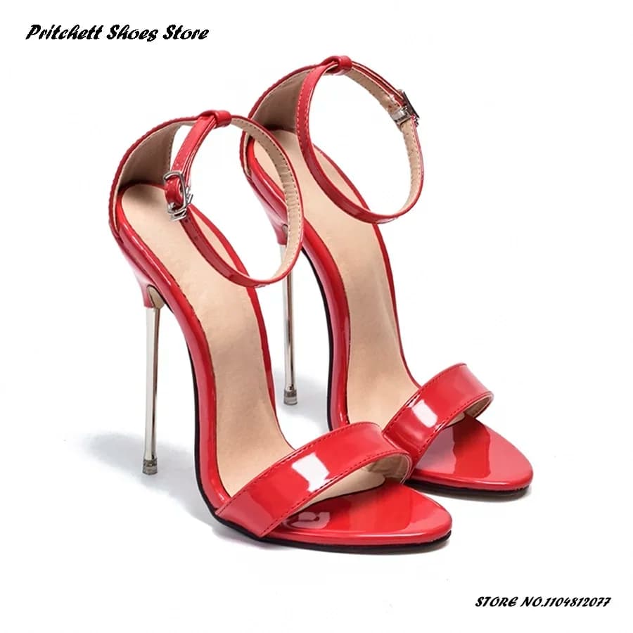 Women's Patent Leather Metal Heel Stilettos Summer Buckle Strap Cover Heel Modern Sandals Round Open Toe Thin Heels Party Shoes