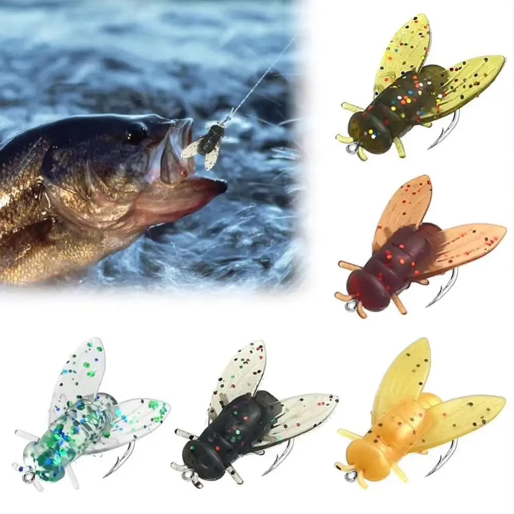 20PCS 10/20mm PVC Fly Fishing Flies Soft Rubber Fly Fishing Lures Lifelike Flies Insects Lures Barbed Hooks Fishing Accessories