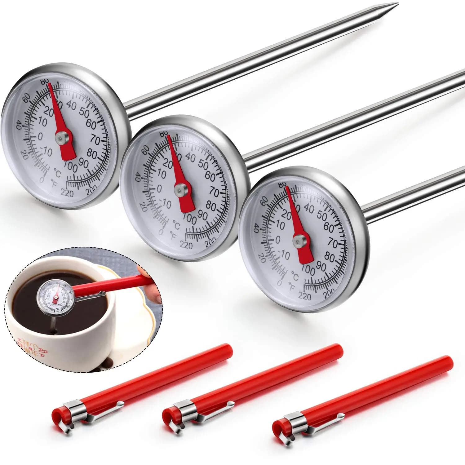 Set of 3 Reading Kitchen Thermometers with 1 Inch Dial and 3 Calibration Sheaths for Meat and Food