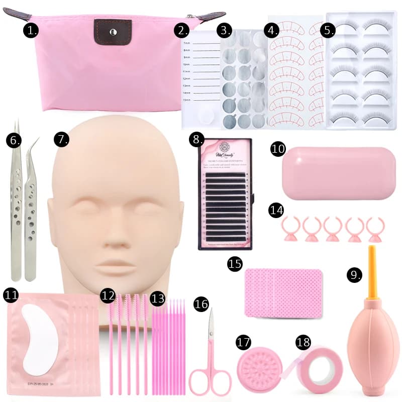 18 in 1 Training kit for extension fake eyelashes Practice model Head Eye cushions Glue ring Brush Set toolkit for eyelashes