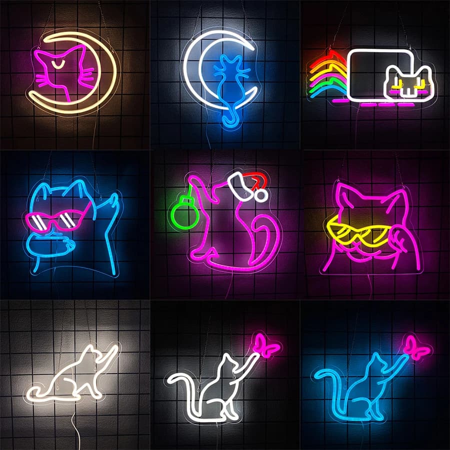Insegna al neon con gatti fantastici con occhiali per decorazioni da parete, insegna al neon a LED USB Moon Cat per la decorazione della festa di compleanno della stanza preppy