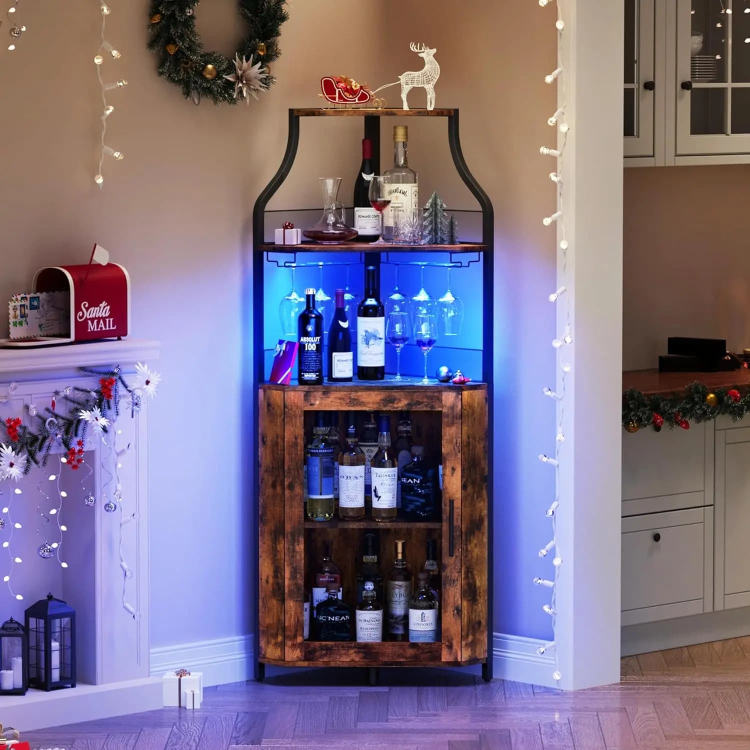 Mobile Bar Angolare, Mobile Bar per Vini con Luci LED e Ripiano Regolabile, Mobile Angolare per Liquori con Portabicchieri e Vano Portaoggetti