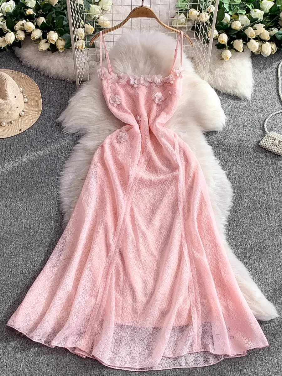Foamlina Bella fata 3D floreale rosa abito lungo donna estate nuovo francese unico grazioso pizzo halter maxi abiti da vacanza