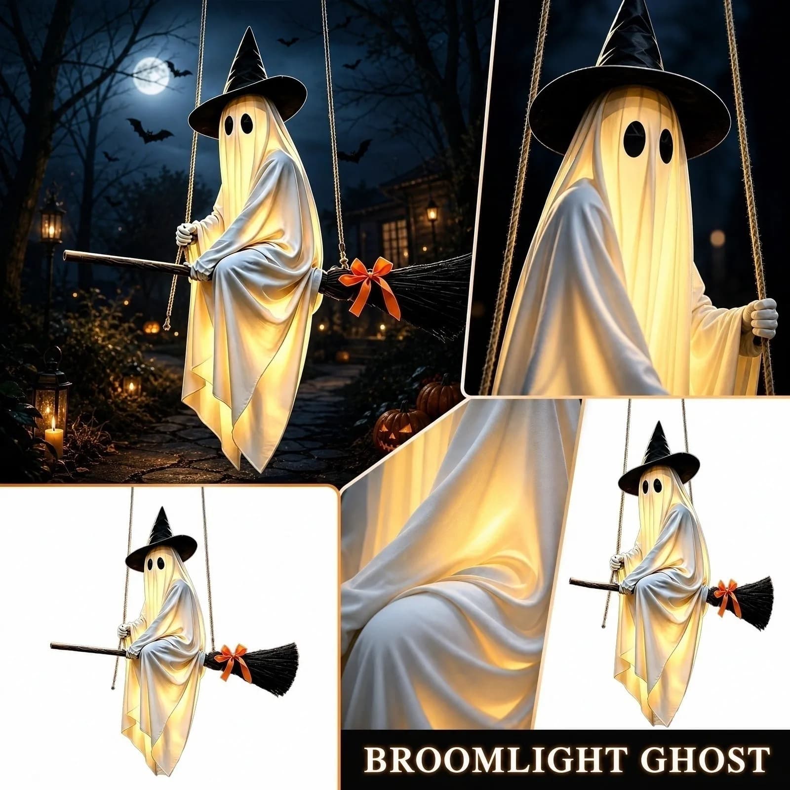 Flying Broomstick Ghost Decoration Hanging Ghost with String Lights Ghostly Hanging Ornament for Halloween Party House Decor