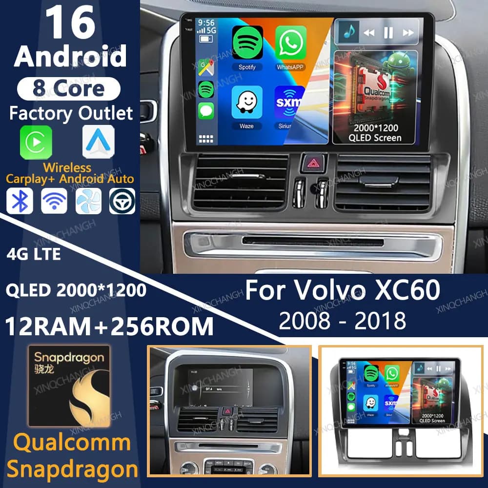 Android 16 Car Radio For Volvo XC60 Que 1 2008 - 2017 Head Unit 2DIN GPS Qualcomm 4G LTE 5G WIFI BT Carplay Auto QLED Navigation