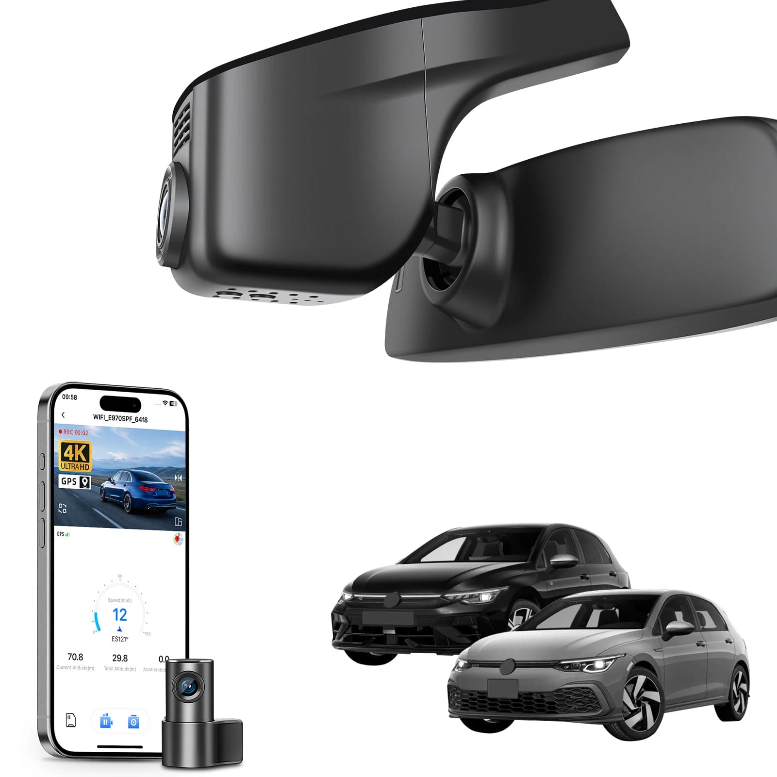 Dash Cam 4K Mangoal for VW Golf & Golf GTI R MK7/7.5/8, Auto Recorder 2015-2025 with WiFi, APP, GPS, Night Vision HD