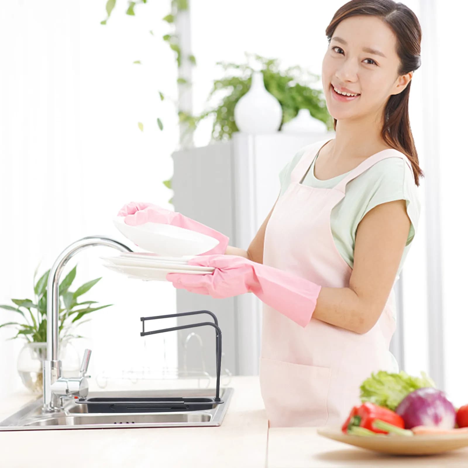 Organizzatore Telescopico per Lavello da Cucina, Porta Spugne, Dispenser Sapone, Organizer Drenante Espandibile per Strofinacci e Accessori