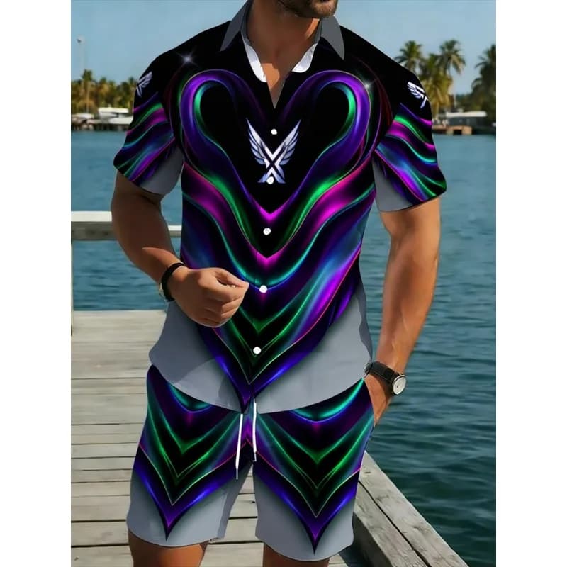 Men's Neon Print Shirt And Shorts Two Piece Set Polyester Summer Beach Pool Party Casual Outdoor Wear Outfit