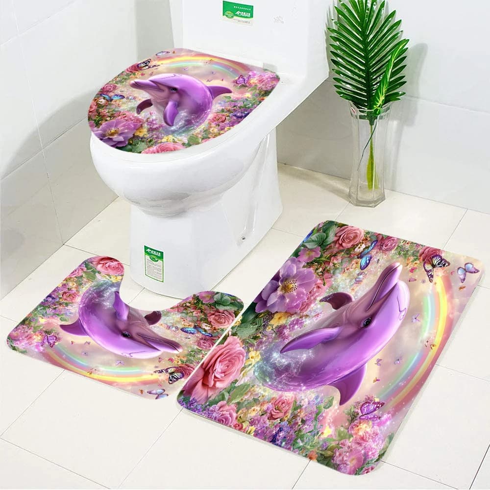 Set Tappetino da Bagno Mondo Sottomarino con Delfini, Tappeto Vita Marina e Oceano, Decorazione per Bagno, Tappeti Antiscivolo, Copriwater a Forma di U
