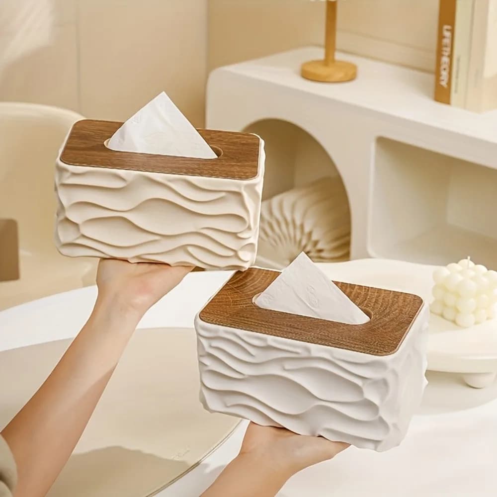 Porta Fazzoletti Ondulato con Coperchio in Legno, Organizzatore da Tavolo in Plastica per Casa, Soggiorno, Bagno, Ufficio - 1 Pezzo