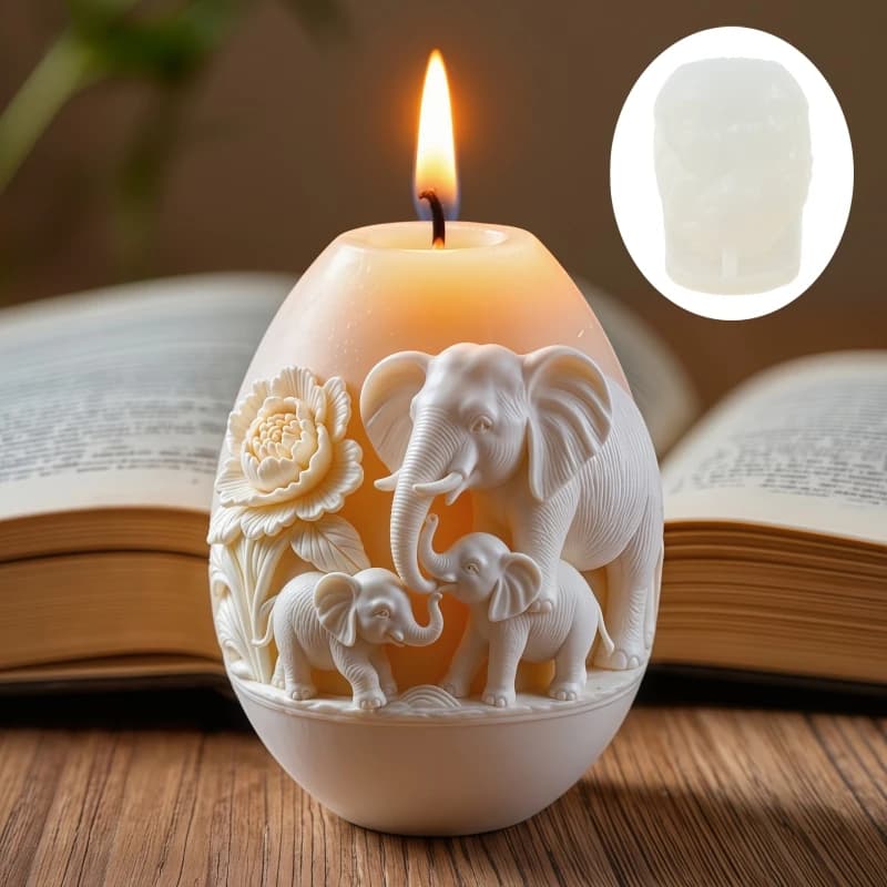 Stampo in Silicone a Forma di Uovo con Rilievo Elefante, Stampo in Silicone a Forma di Uovo con Rilievo Famiglia di Elefanti in Resina