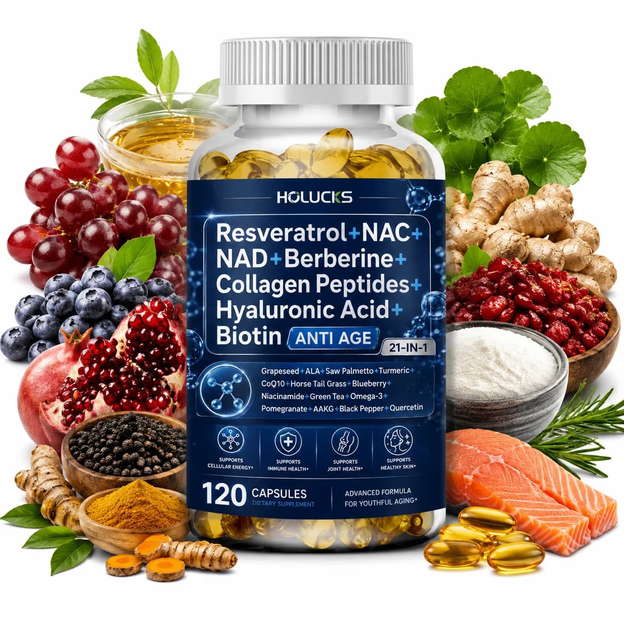 Anti-Aging Capsules, Resveratrol NAC NAD+ Berberine Collagen CoQ10, Support Antioxidant, Energy, Skin Hair Joint & Immune Health