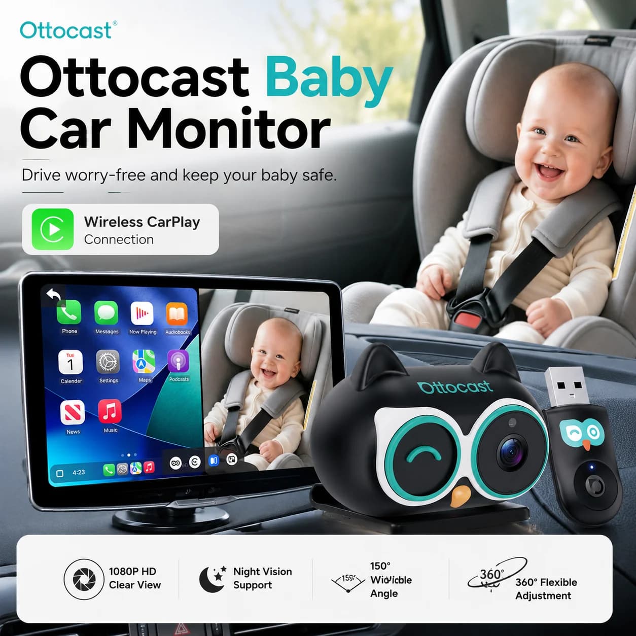 Ottocast Baby Car Monitor Cabin Care Wireless CarPlay Adapter Car Camera HD 150° Wide-angle Night Vision Backse Monitor for Car