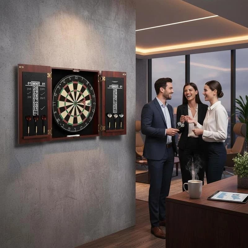 Dartboard and Cabinet Set, Ready-to-Play Bundle Official Size Dartboard Cabinet, Steel Tip Dart Hideaway Cabinet, Features Easy Assembly, Complete with All Accessories, Perfect for Cricket Games
