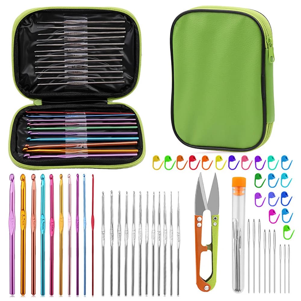 52 pz/set Set di ferri da uncinetto in alluminio Set di uncinetti in metallo con sacchetto di immagazzinaggio Pennarelli per punti con ago per occhi grandi per gli amanti dell'uncinetto