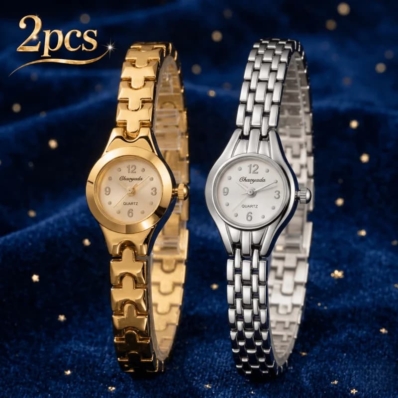 Set di 2 orologi da donna di lusso, con quadrante rotondo, movimento al quarzo, elegante cinturino in lega, idea regalo per lei.