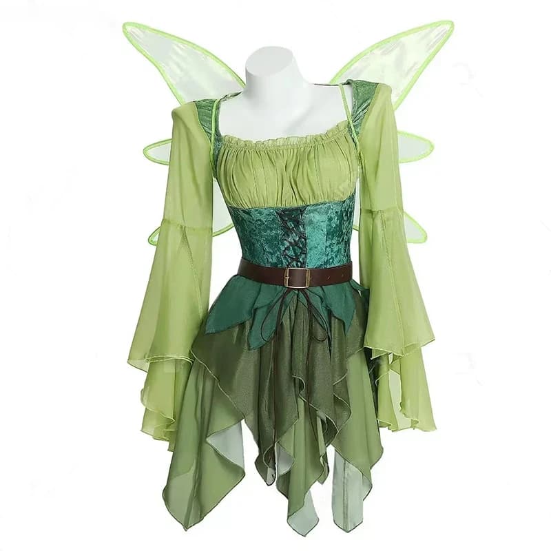 Abito da elfo medievale verde da donna, vestito magico da elfa con cintura e ali, costumi di Halloween per cosplay, costume da elfo per giochi di ruolo