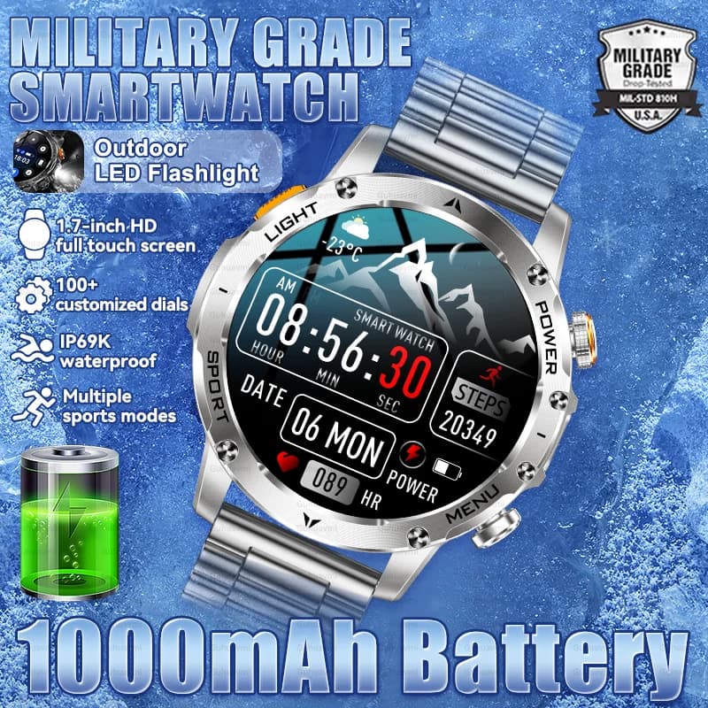 Grado militare Outdoor 1000mAh Batteria di grandi dimensioni Smartwatch da uomo GPS Track 3ATM Torcia professionale impermeabile Chiamata Smart Watch