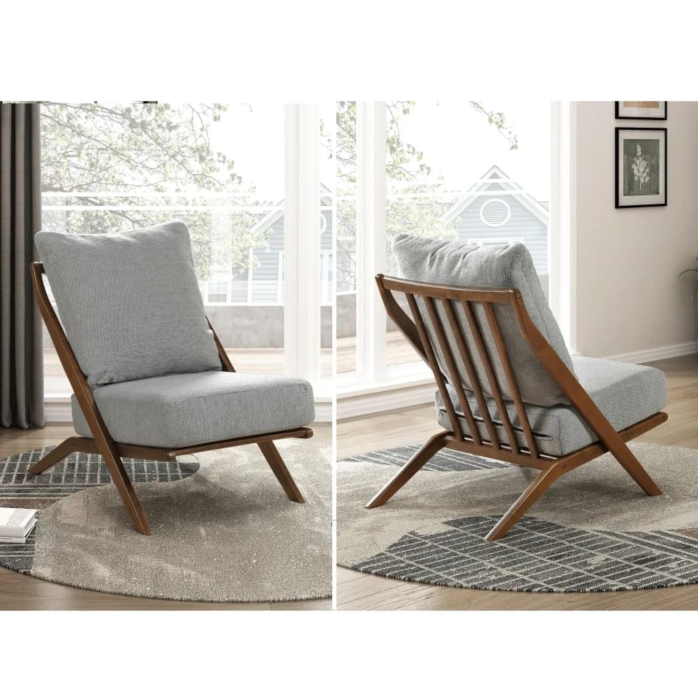 Elegante Poltrona Accent Grigia in Ciniglia con Cuscino in Schiuma e Struttura in Legno Massello di Gomma Marrone per Soggiorno e Camera da Letto 1 pz