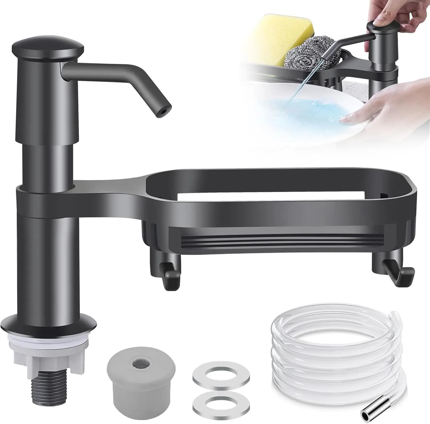 Dispenser di sapone per piatti per dispenser per lavello da cucina Pompa per dispenser di sapone da appoggio con kit tubo di prolunga per rack di stoccaggio, sotto il lavello