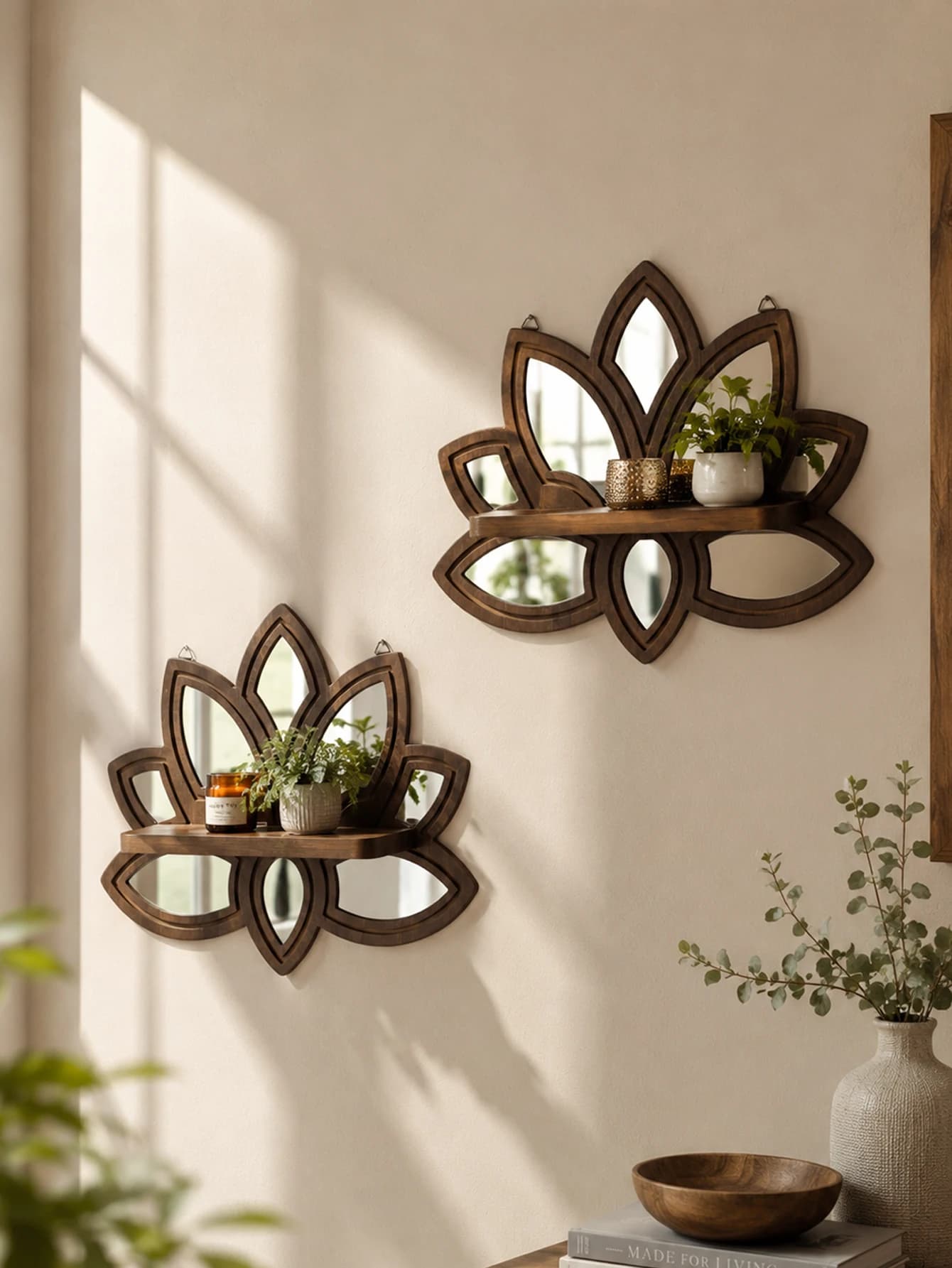 Lotus Shape Wooden Wall Shelves Floral Floating Display Rack with Mirror Decorative Wall Mount Storage Shelf for Plants Candles
