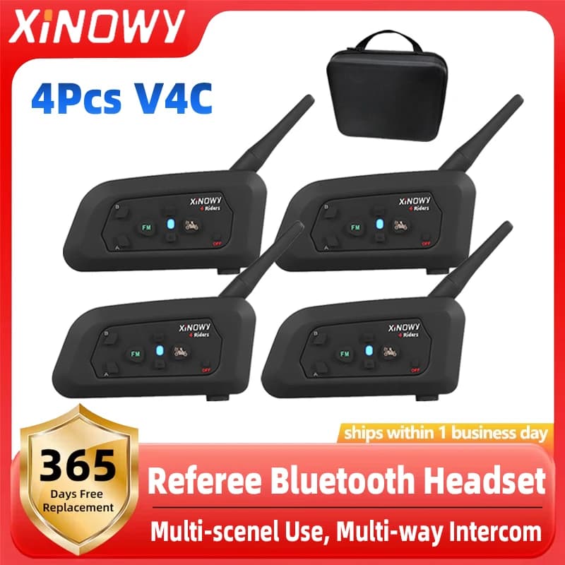 XiNOWy 4Pcs V4C Auricolari Bluetooth per Arbitri di Calcio con Gancio per Orecchio, Interfono con Borsa, Impermeabile IPX5, con Cancellazione del Rumore