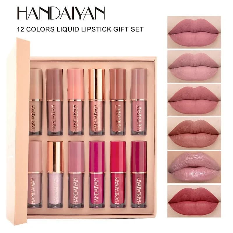 12pcs Moisturizing Liquid Lipstick Set Matte Waterproof Lip Gloss Long Lasting Lip Tint Non-stick Cup Korean Makeup Cosmetics