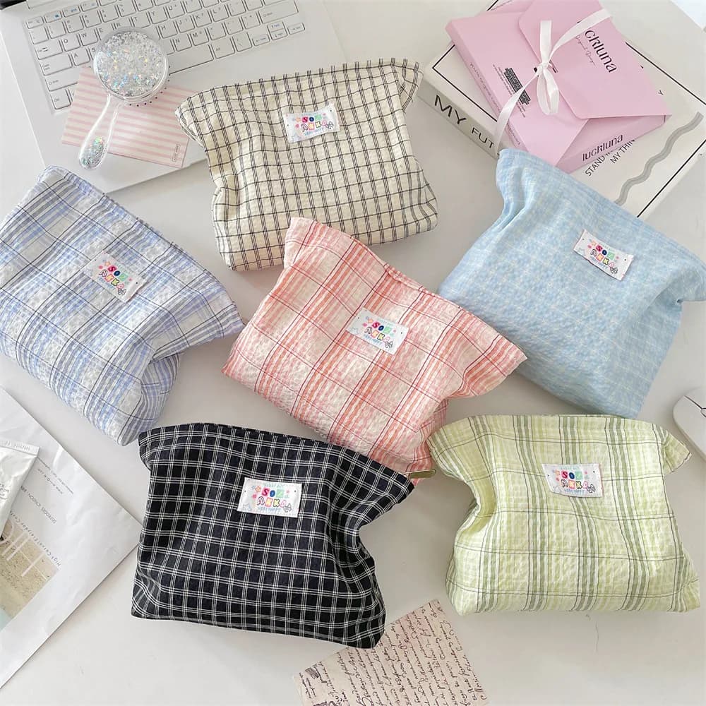 Simple Plaid Travel Cosmetic Lipstick Brush Portable Storage Bag Women Girls Makeup Handbags Wallet Pouch Make Up Bags Organizer