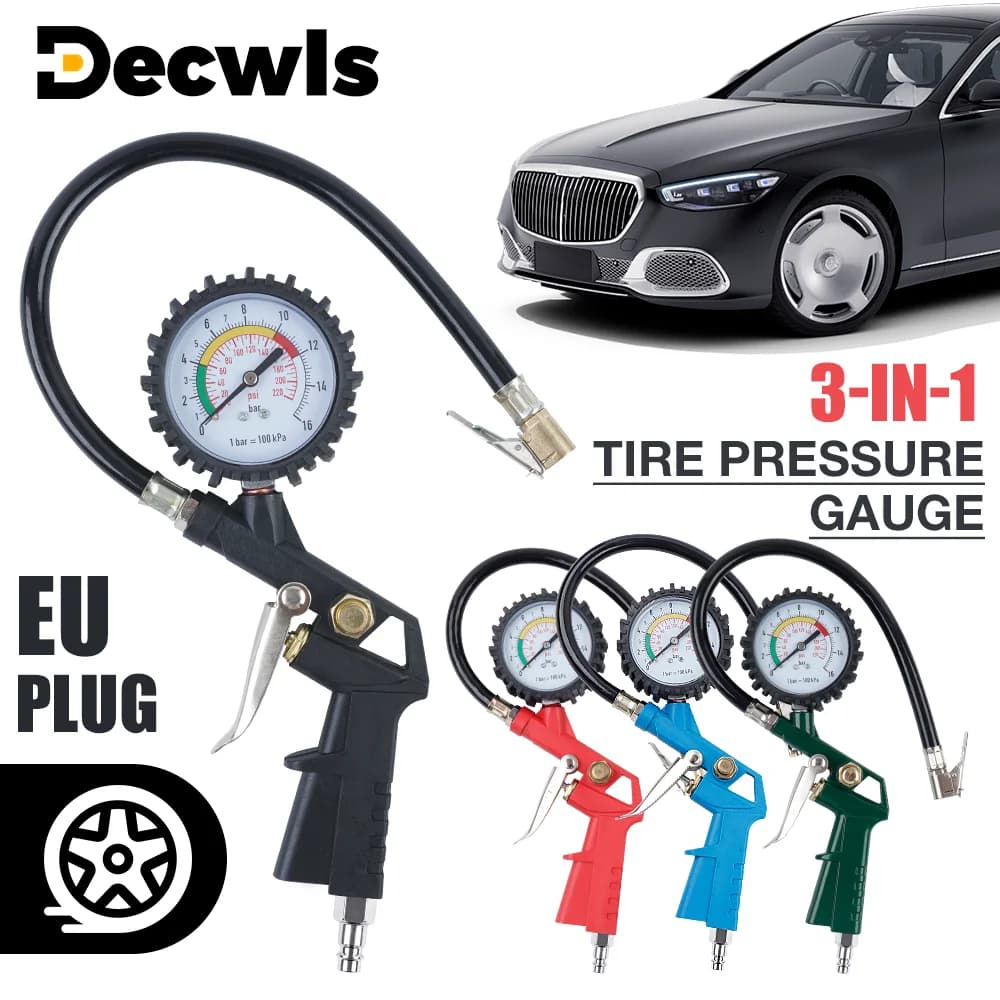 Manometro per pneumatici con interfaccia UE per auto/moto/SUV, pompe di gonfiaggio 3 in 1, strumenti di riparazione pneumatici durevoli, stile grilletto, 4 colori, per compressore d'aria