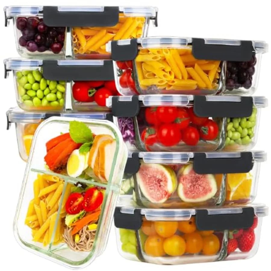 Set di 8 Contenitori in Vetro per Preparazione Pasti con 3 Scomparti, 36oz, Contenitori Ermetici per Alimenti con Coperchi, Scatole Bento per Pranzo Senza BPA