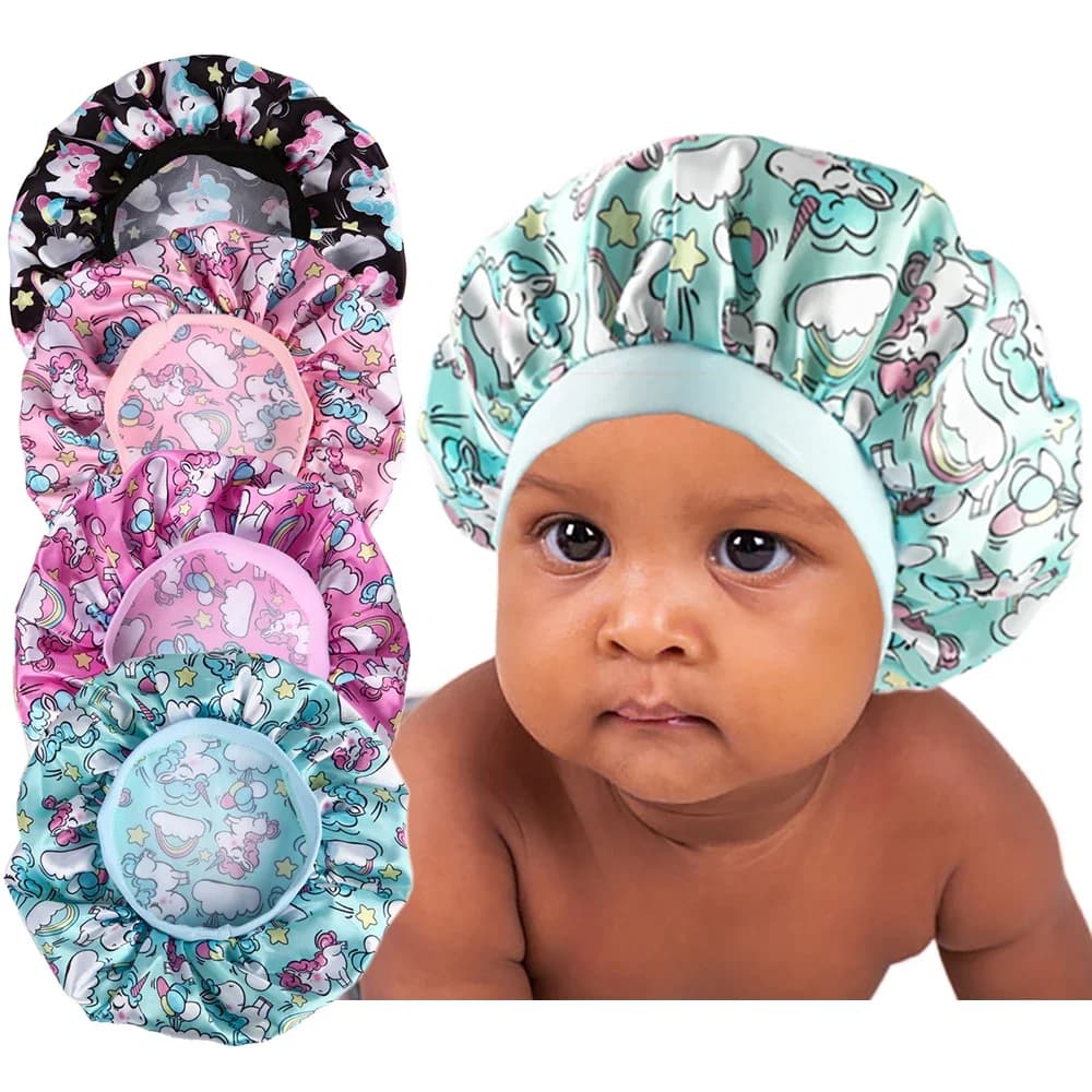 New Baby Unicorn Cartoon Print Satin Night Sleep Cap Elastic Waist Hood Hair Cover Beanie Salon Bath Spa Shower Head