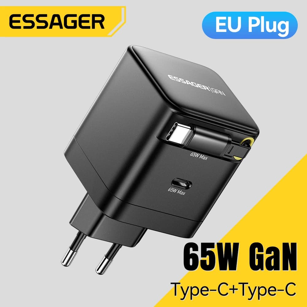 Caricabatterie GaN Essager 65W con cavo retrattile PD ricarica rapida per laptop MacBook iPhone 16 15 14 Caricatore per telefono Xiaomi Type-C