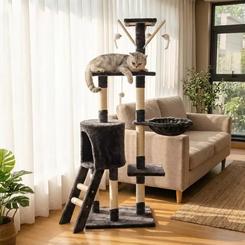 Custom Gray Eco-Friendly Large Indoor Cute Cat Climbing Tree Particle Board 2 Levels 138CM-Luxury Modern Cat Scratching House