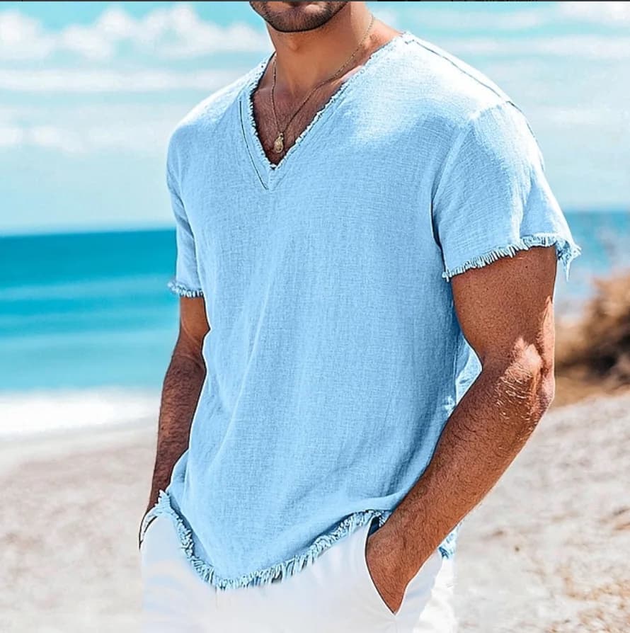 Summer Men's Retro V-neck Cotton Linen Shirts New Hawaii Casual Short Sleeve Beach Shirts Outdoors Personalized Men's T-shirt