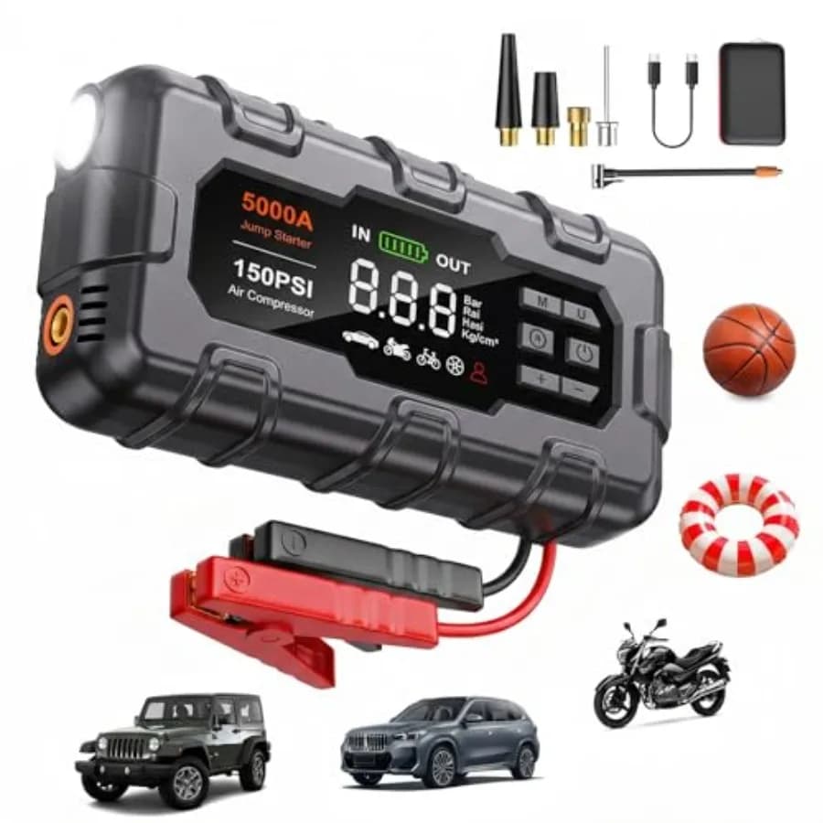 Jump Starter with Air Compressor 5000A Car Battery Jumper Starter Portable 12V Jump Box with Display PD 45W LED Light Jumper Ca