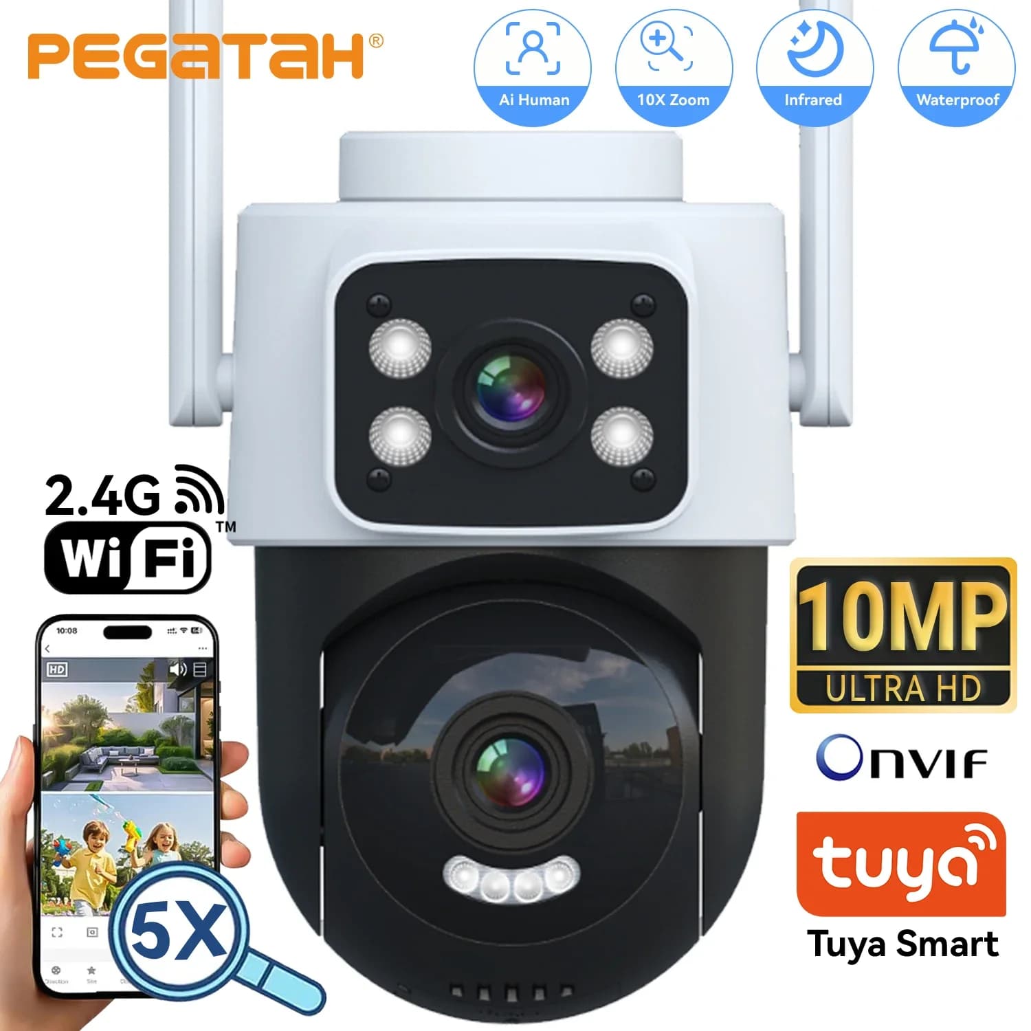 Tuya Smart 10MP Telecamera di sicurezza WiFi esterna Doppia lente 5MP Wireless Monitoraggio automatico Monitoraggio Video sorveglianza Telecamere PTZ